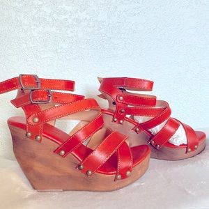 BedStu Cobbler Series - Julie - burnt orange/ orange burnished wedge sandal 6.5